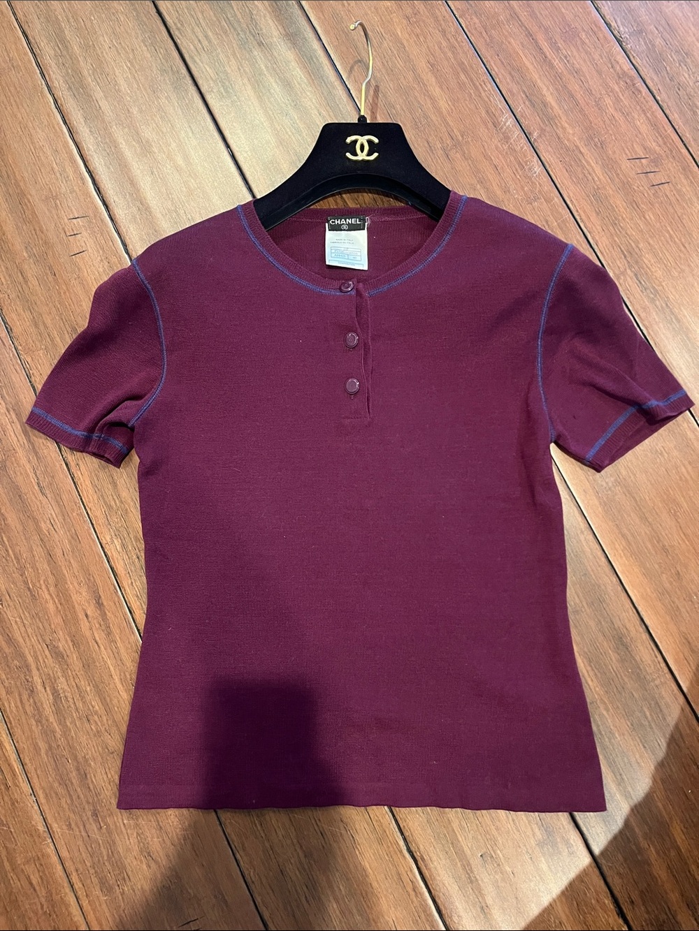 CHANEL Plum Short Sleeve Henley with Blue Contrast Stitching